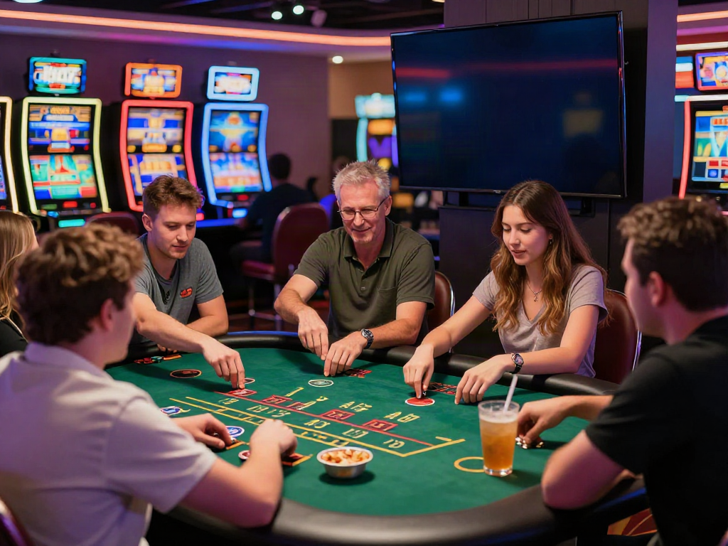 RIKVIP live casino scene showcasing excited players at a blackjack table with vibrant lighting.