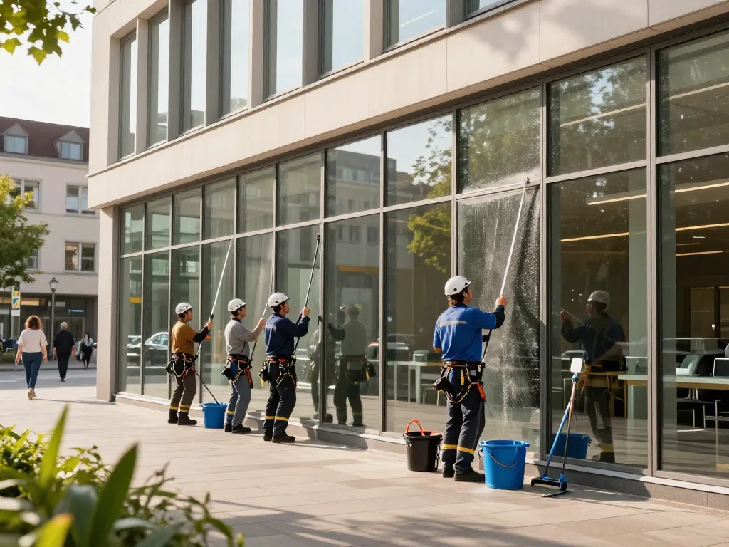 Professionelle Fensterreiniger führen professionelle Fensterreinigung in Münster an einem sonnigen Tag durch.