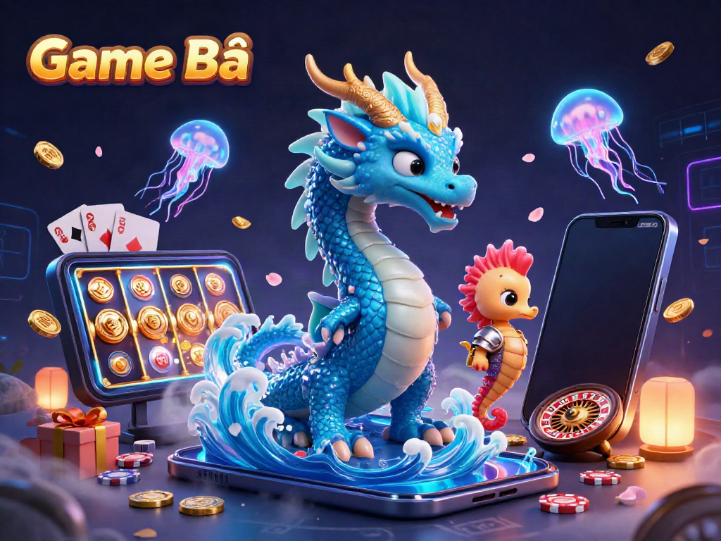 Get ready for action with Game Bài featuring a vibrant underwater scene of a dragon, seahorse, and jellyfish.