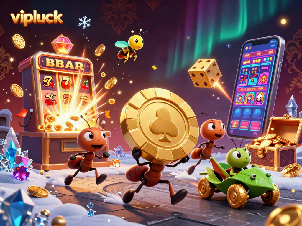 Experience vipluck's thrilling casino heist adventure with vibrant 3D characters and gaming elements.