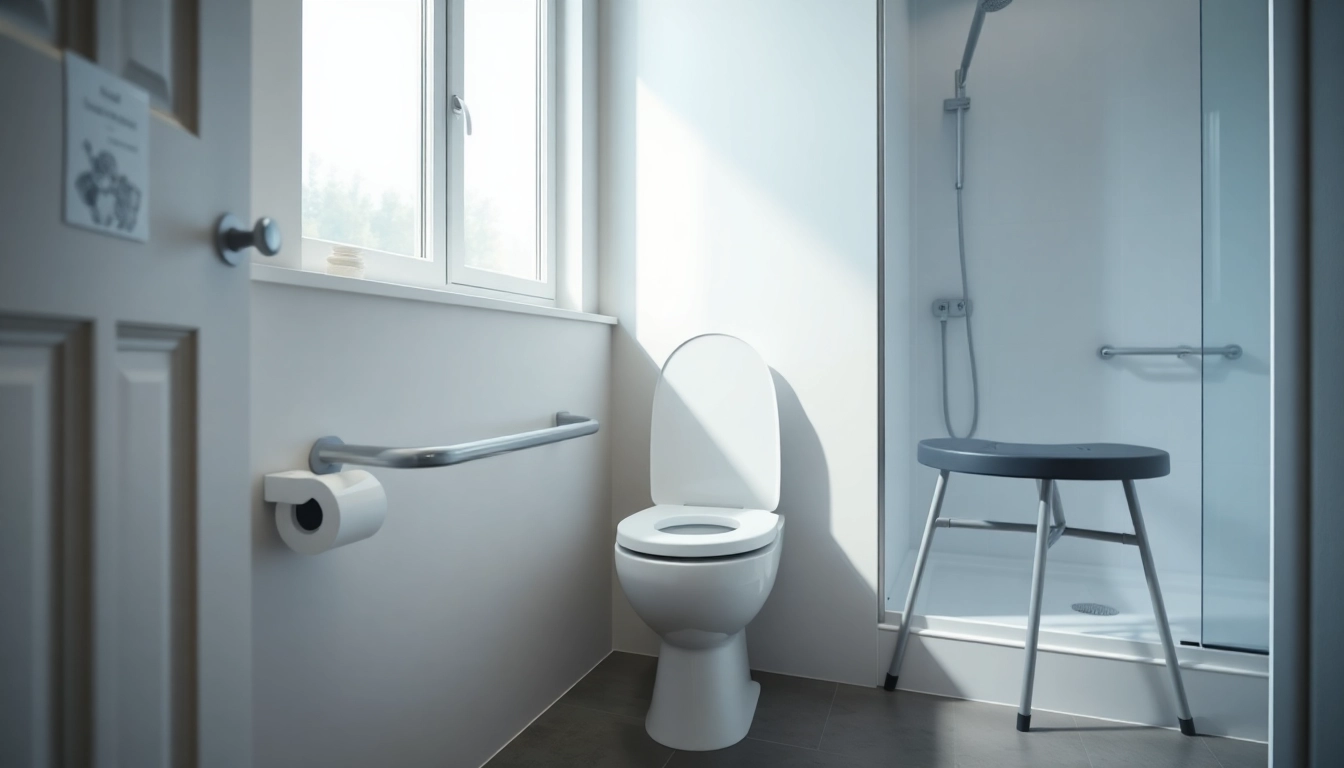 Barrierefreie Badezimmer-Accessoires wie Hilfen für Bad und Toilette mit erhöhtem WC-Sitz und Haltegriffen.