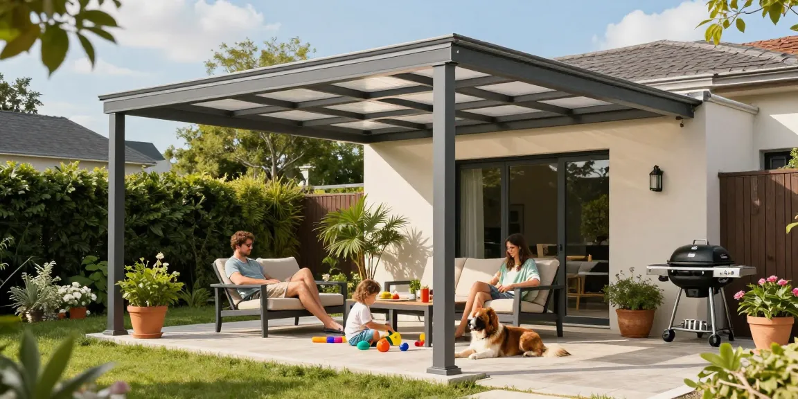 Freistehende Terrassenüberdachung mit Familie im Garten, ideal für entspannte Momente.
