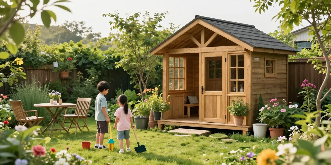 Stimmungsvolles Garten Haus umgeben von grüner Natur, Familie genießt den Tag im Freien.