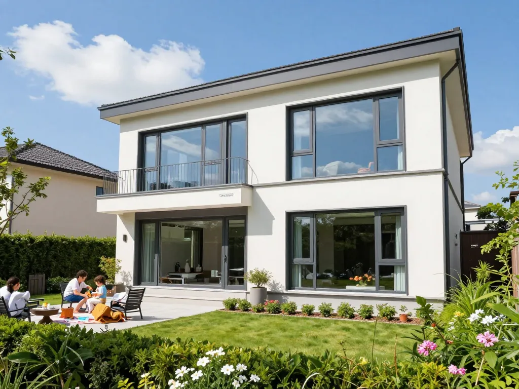 Stilvolles Wohnhaus mit Fenstern von Schüco, das Energieeffizienz und modernes Design zeigt.