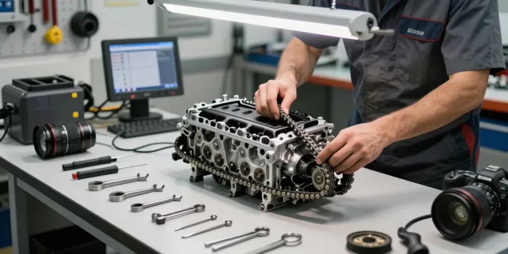 Mechaniker bei der Überprüfung der BMW Steuerkette in einer Werkstatt in Hannover