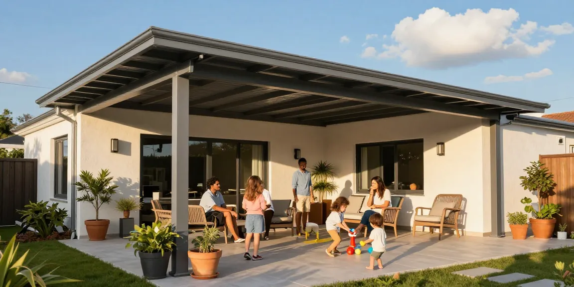 Moderne Terrassenüberdachungen bieten Schutz und Komfort für Familienaktivitäten im Freien.