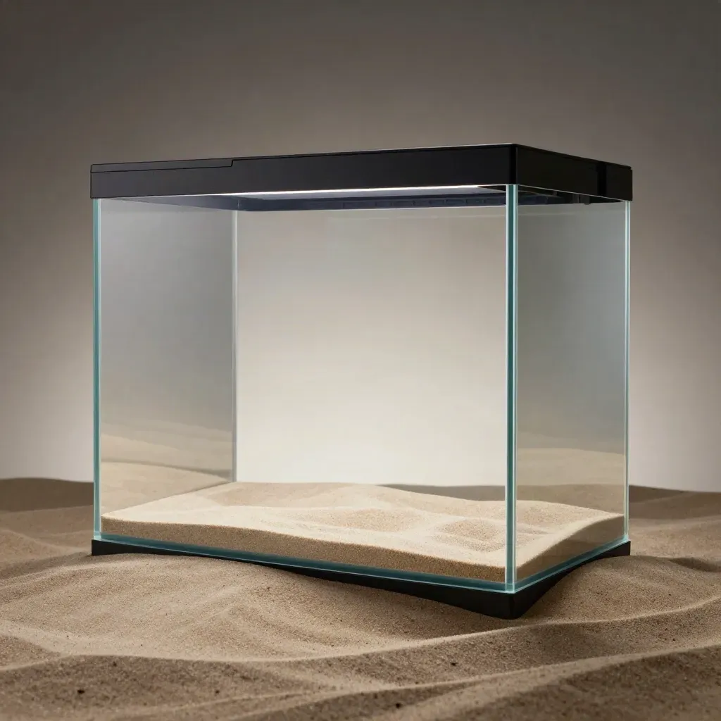 Makro eines gläsernen Aquarium-Komplettsets mit dunkler Technikleiste vor sandfarbenem Verlauf.