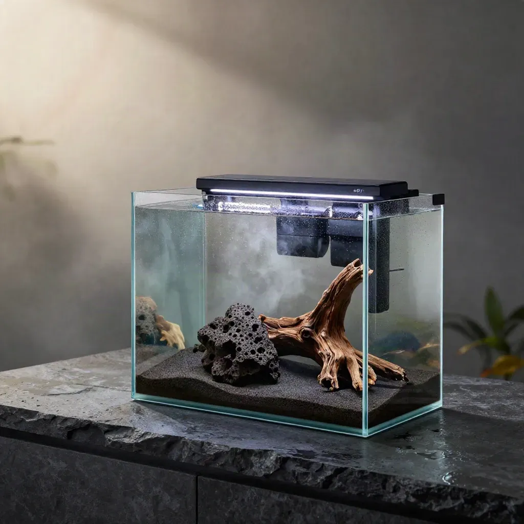 Aqua-Startset fürs Aquarium auf nassem Steinsims im Morgenregen, mit Becken, Filter, Heizer und LED.
