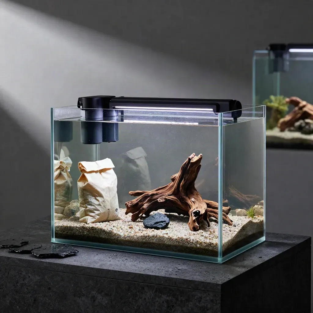 Aquarium-Startset mit Glasbecken, Filter, Heizer und LED auf dunklem Steinsockel.