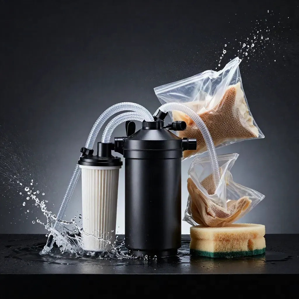 Filterpaket mit Filter, Schläuchen, Schwämmen und Medien im dynamischen Wasserspritzer.