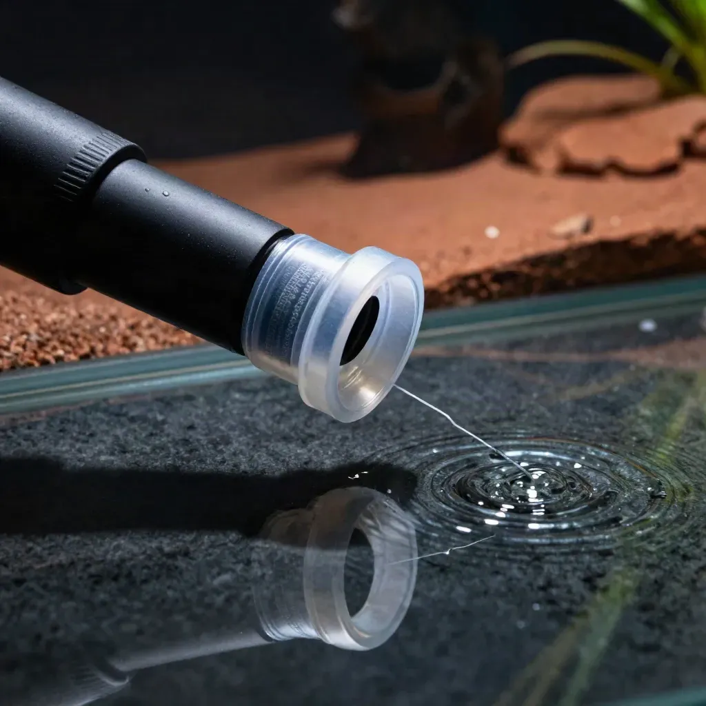 Makro eines Oberflächenskimmers am Aquarium mit glänzender Wasserlinie und feiner Struktur