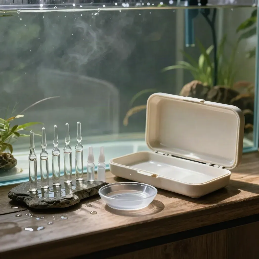 Offener Aquarientest-Kit mit sechs Vials und Schale auf nassem Stein neben Aquarium