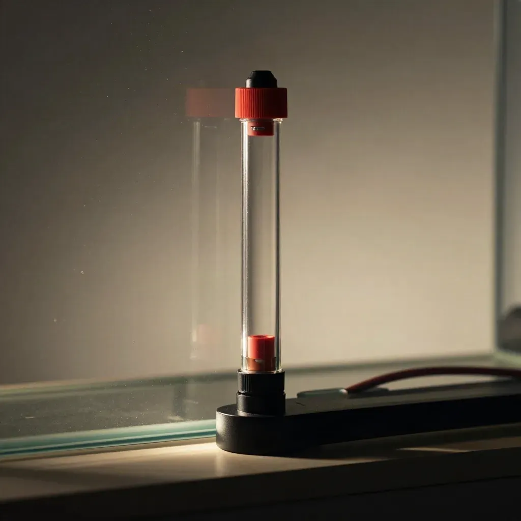 Nahaufnahme eines Aquarium-Heizstabs am gebogenen Glas mit Kondenswasser und warmem Licht