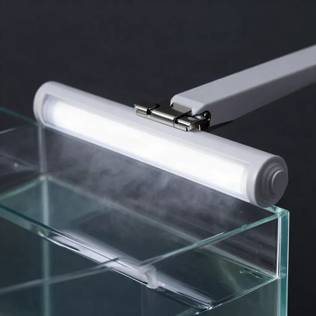 Weiße Clip-LED am Nano-Aquariumrand, mit Lichtglanz auf Wasserlinie und Glas.