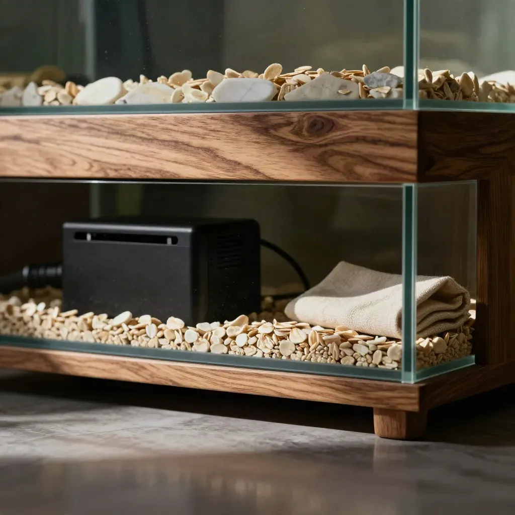 Aquarium-Set mit Glasbecken, Filter und Stein auf Eiche und Marmor im warmen Licht.