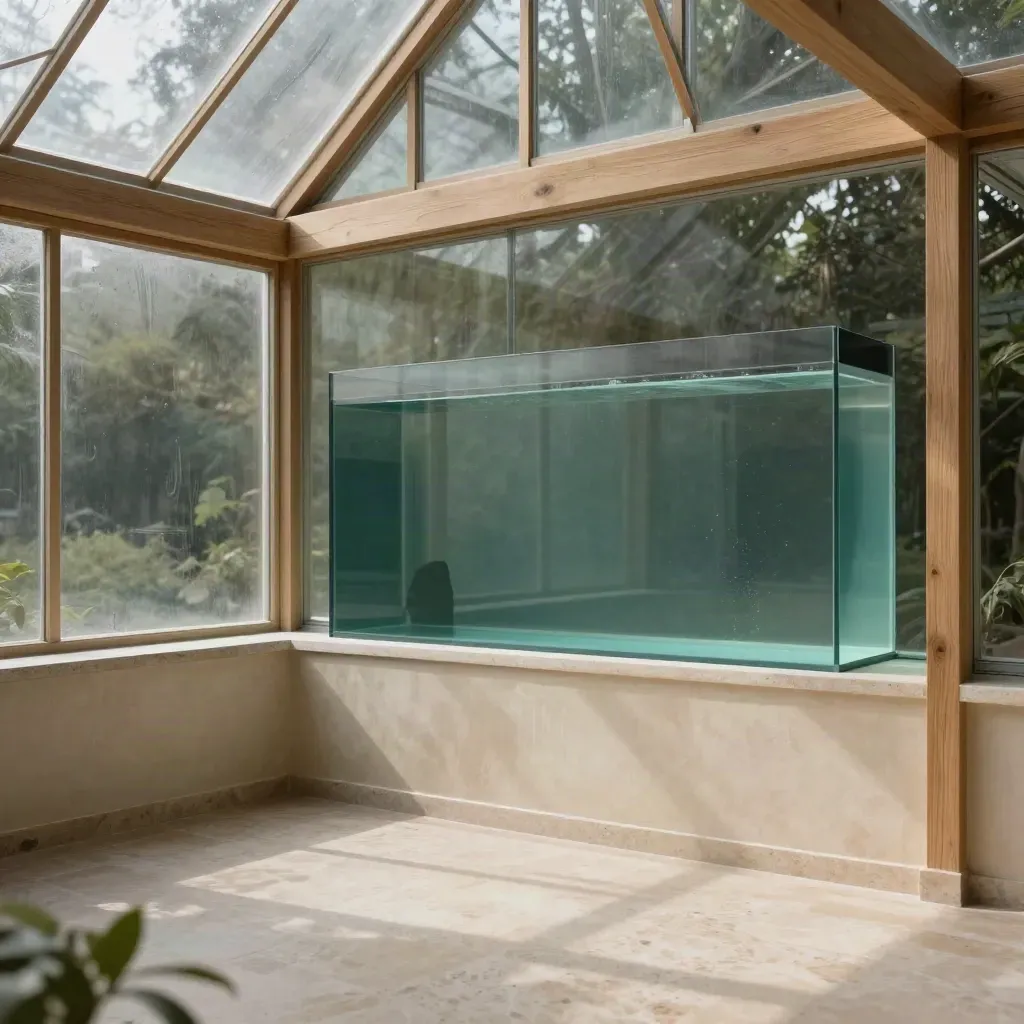 Gläsernes Gewächshaus mit Aquarium, hellem Holz und ruhiger Fläche für Text