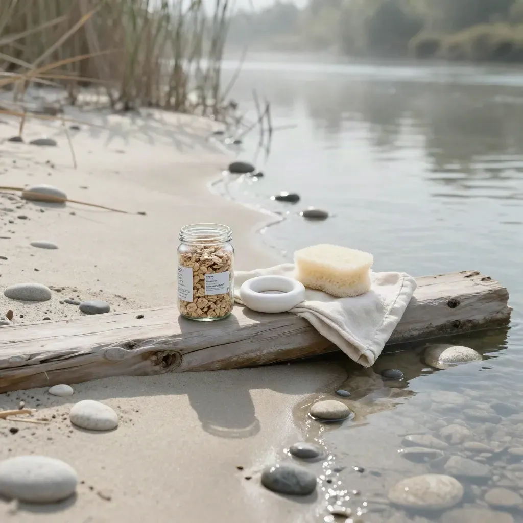 Pale Sandbank mit Kieseln, Schilf und Futterdose am Wasser, ruhig und natürlich