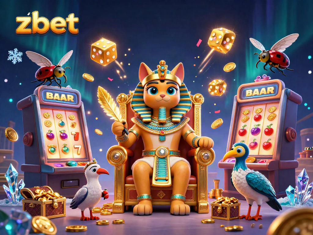 Win big at zbet with a vibrant 3D illustration featuring a golden pharaoh cat on a throne amidst a jackpot explosion.