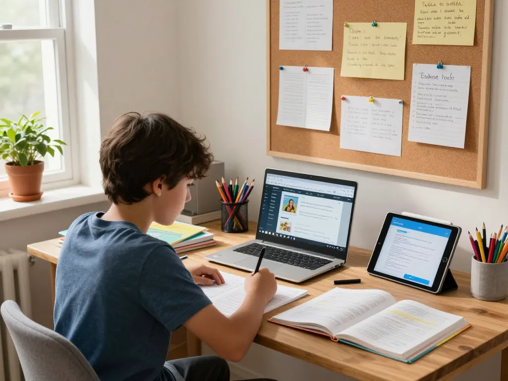 Schüler löst Hausaufgaben in einem gemütlichen Arbeitszimmer mit Lernmaterialien und Laptop.
