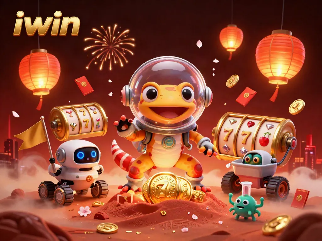 Play dynamic iwin slots amid Martians in a vibrant casino adventure illustration.