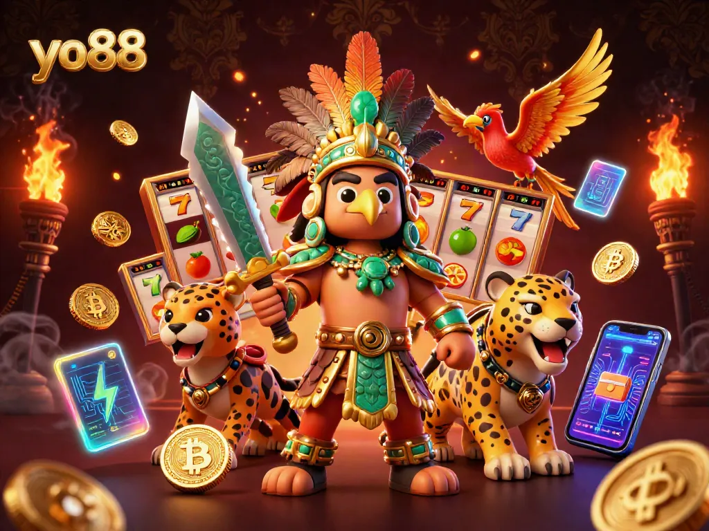Experience the excitement of yo88 with a dynamic casino scene filled with Aztec warriors, slot reels, and cryptocurrency.