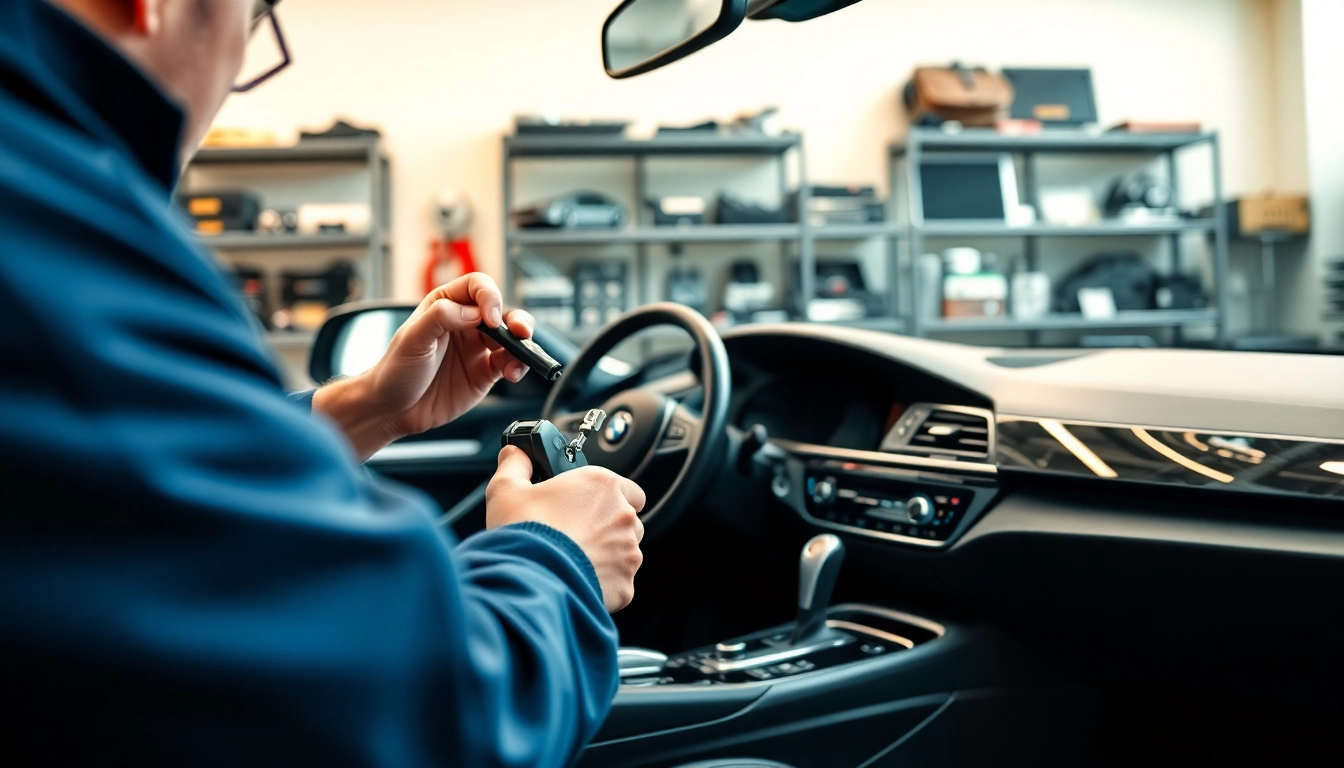 BMW Codierung durch einen Experten in einer modernen Werkstatt, umgeben von automatisierter Technik.
