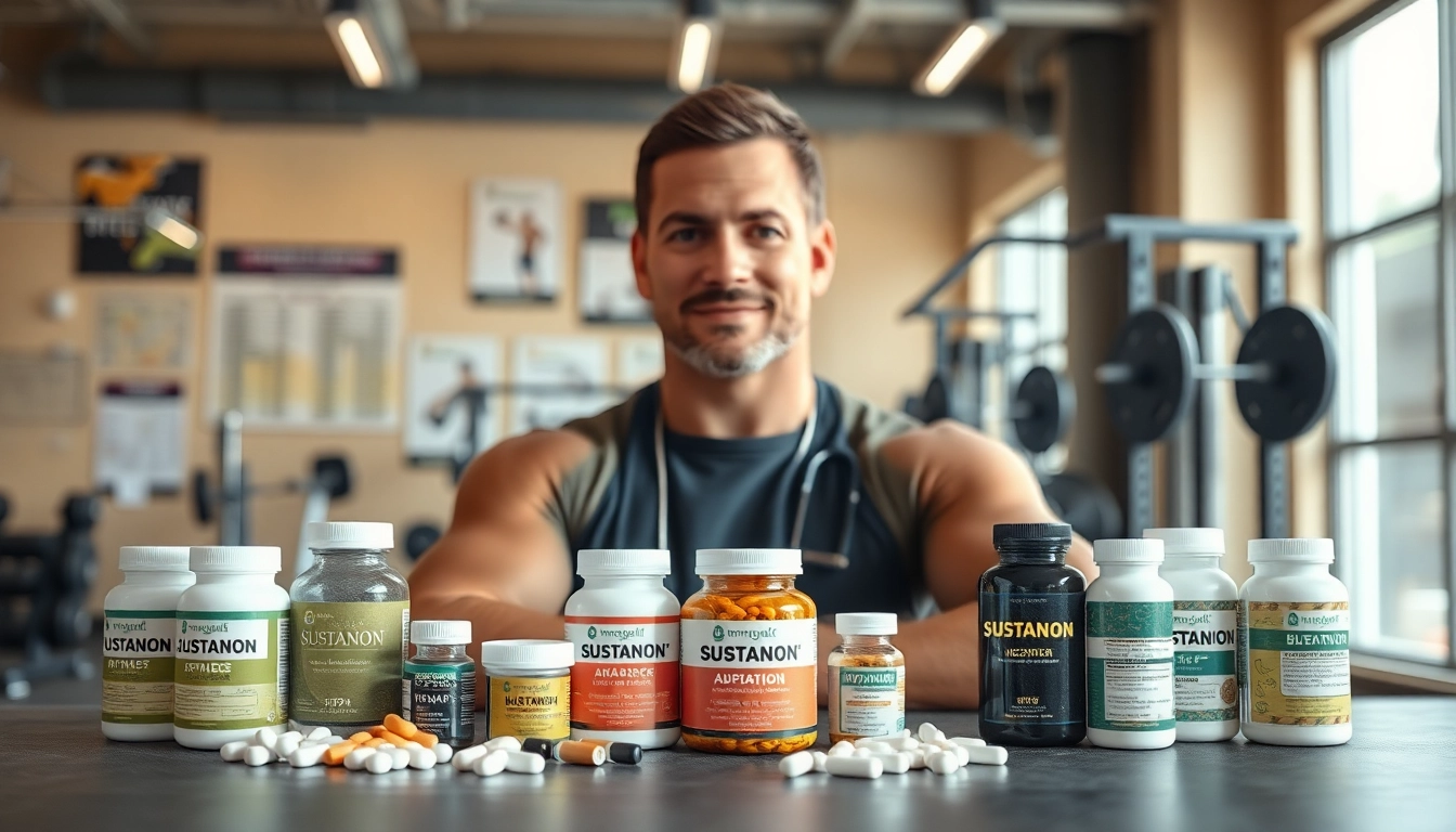 Sustanon kaufen Produkte in einem Fitnessstudio. Professionelle Anordnung und ansprechende Beleuchtung.