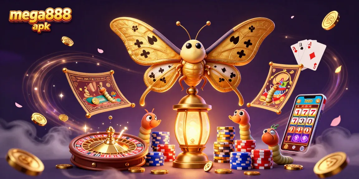 Experience the excitement of mega888 apk with a vibrant 3D illustration of an atlas moth and casino elements.
