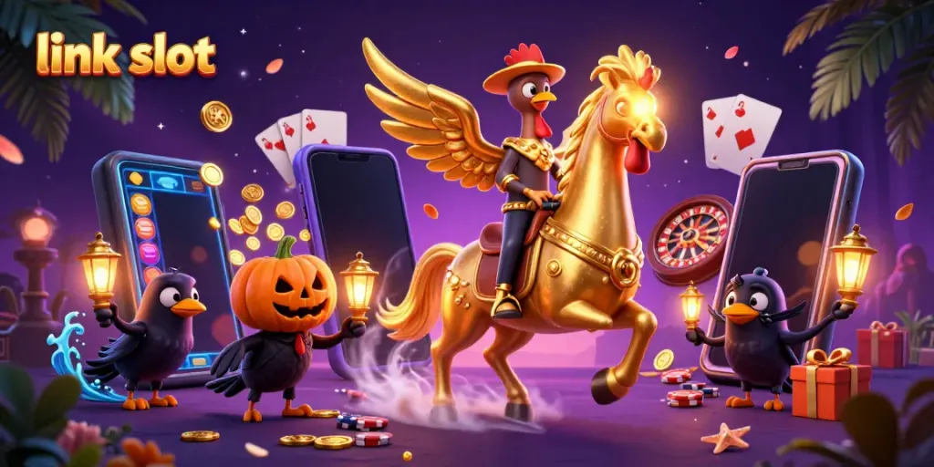 Experience excitement with link slot in this vibrant 3D casino scene filled with slots and winning moments.