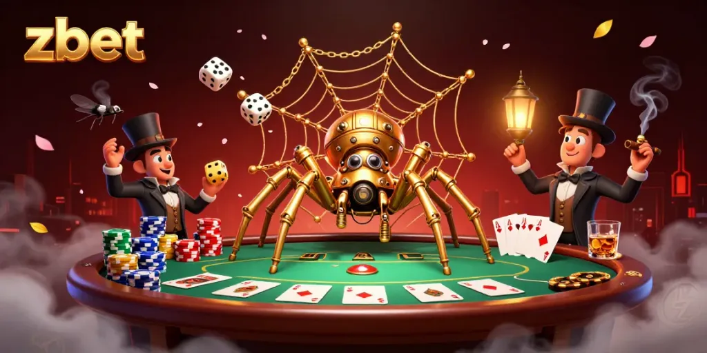 Zbet's engaging steampunk scene captures the excitement of online gambling with dynamic poker elements.