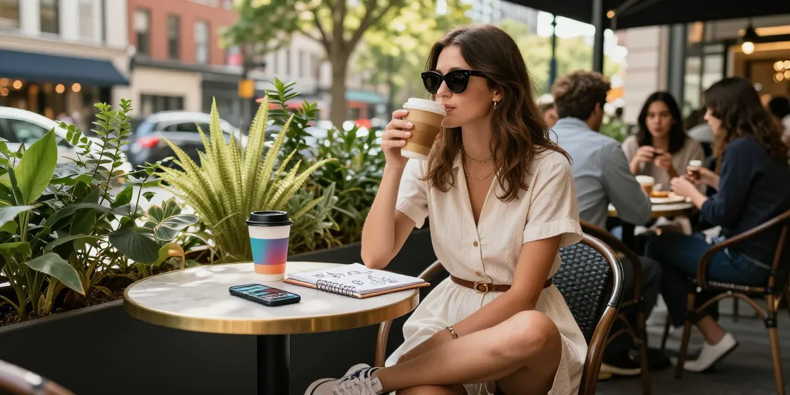 Frauenmode und urbaner Lebensstil bei lady-lifestyle.de, stilvolle Frau genießt Kaffee in einem Café.