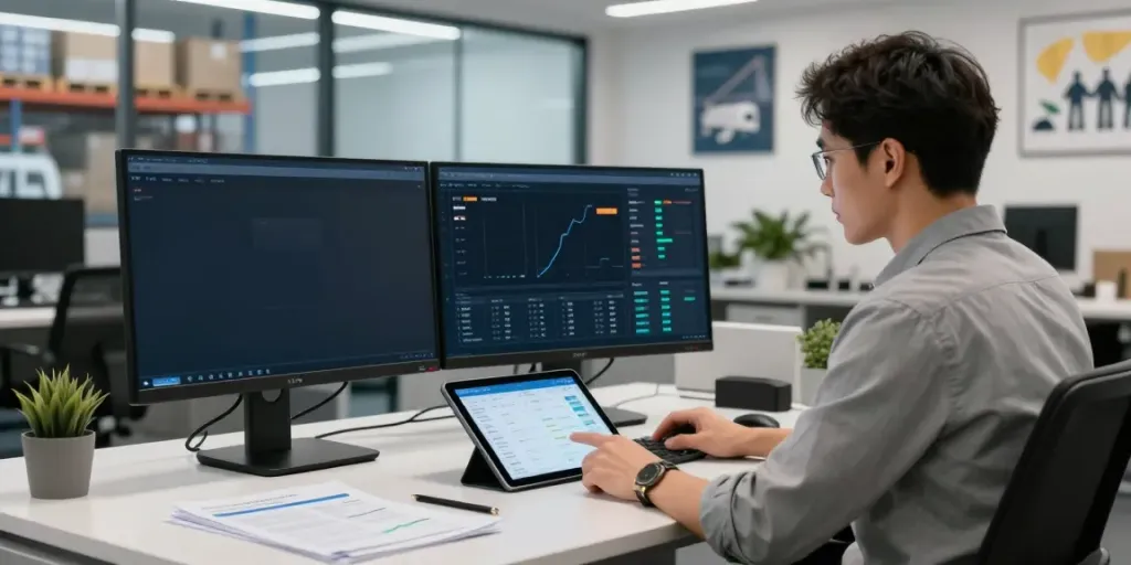 Logistikmanager analysiert Lagerlogistik in Düsseldorf am modernen Arbeitsplatz mit Echtzeit-Daten.
