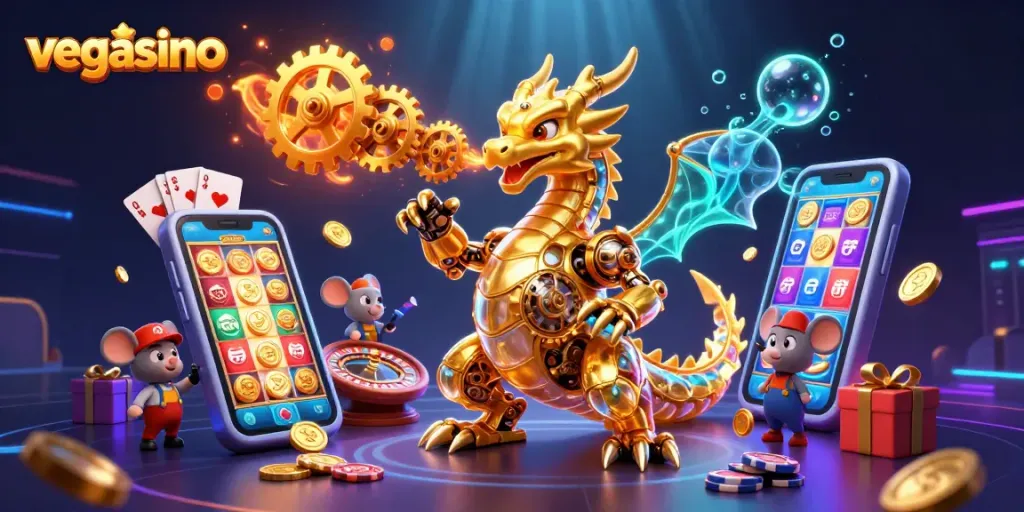 Experience the magical vegasino world with a dragon and mouse engineer among casino games.