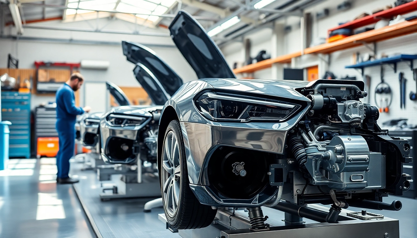 Auto Kufen im Detail in einem professionellen Auto-Werkstatt-Setup inspizieren.