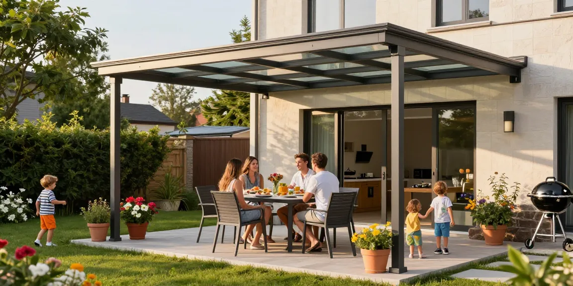 Moderne Terrassenüberdachung mit Familie beim Essen im Freien.