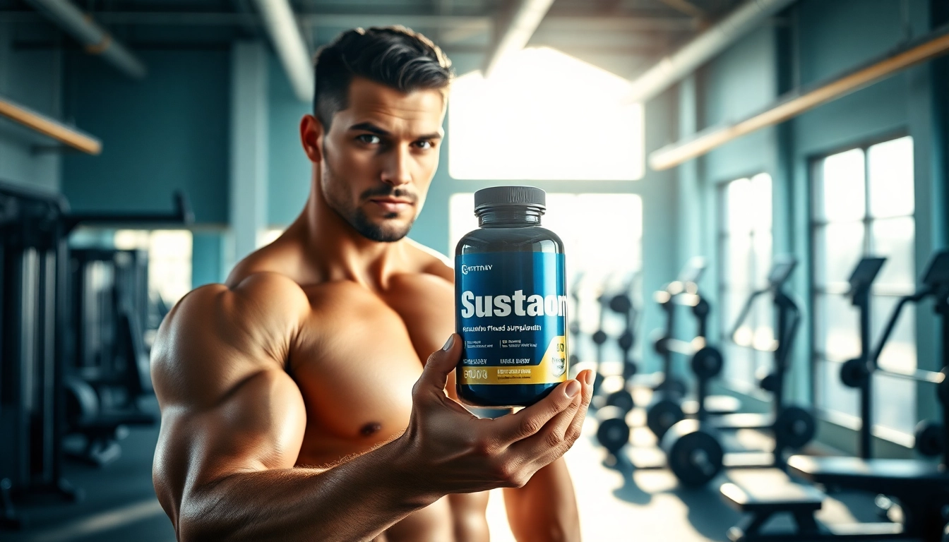 Sustanon kaufen: Fitnessmodell präsentiert Muskelaufbausupplement in modernem Fitnessstudio.