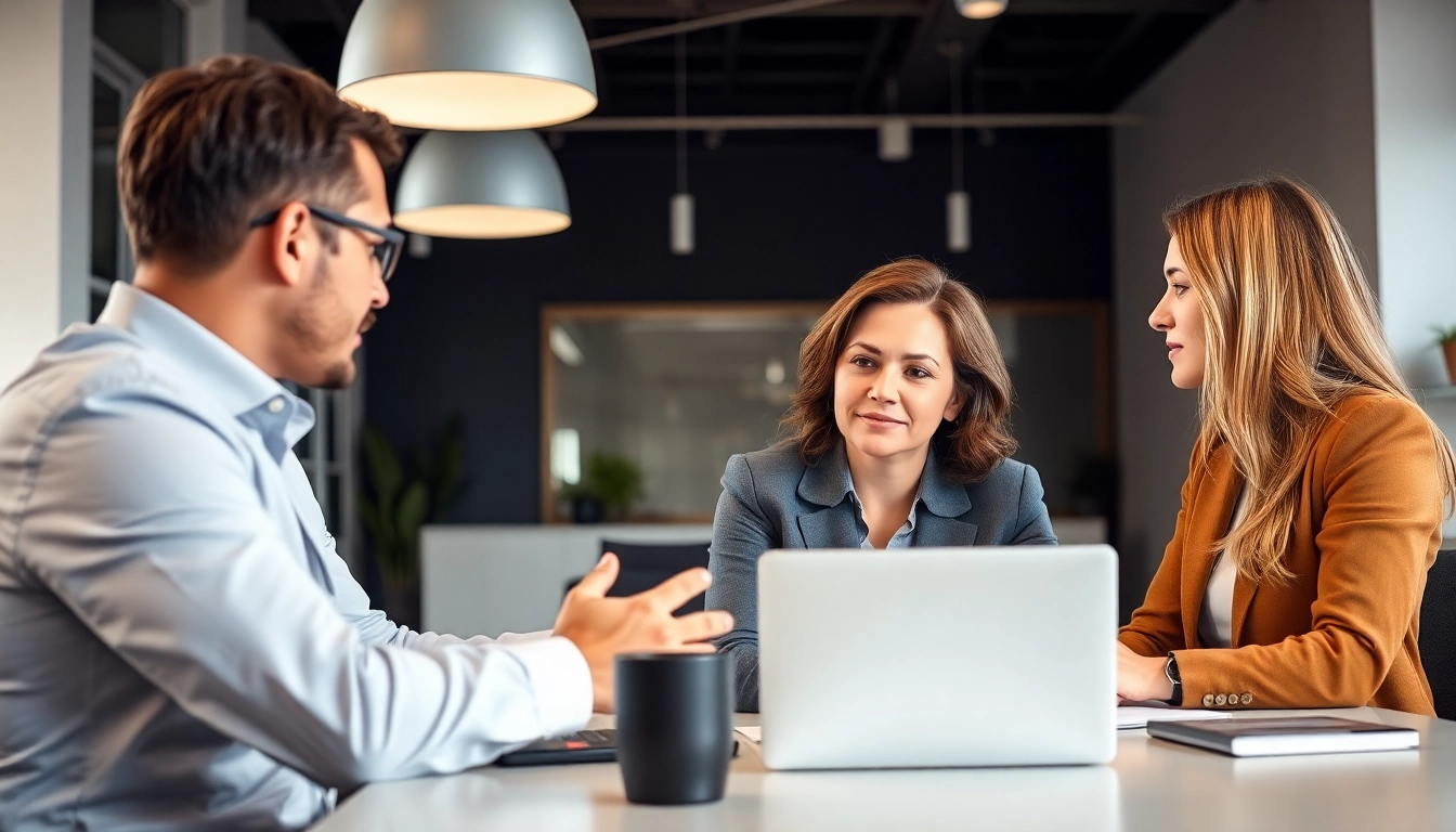 Consulting in Unternehmensberatung, showcasing a professional workspace with clients collaborating on strategy.