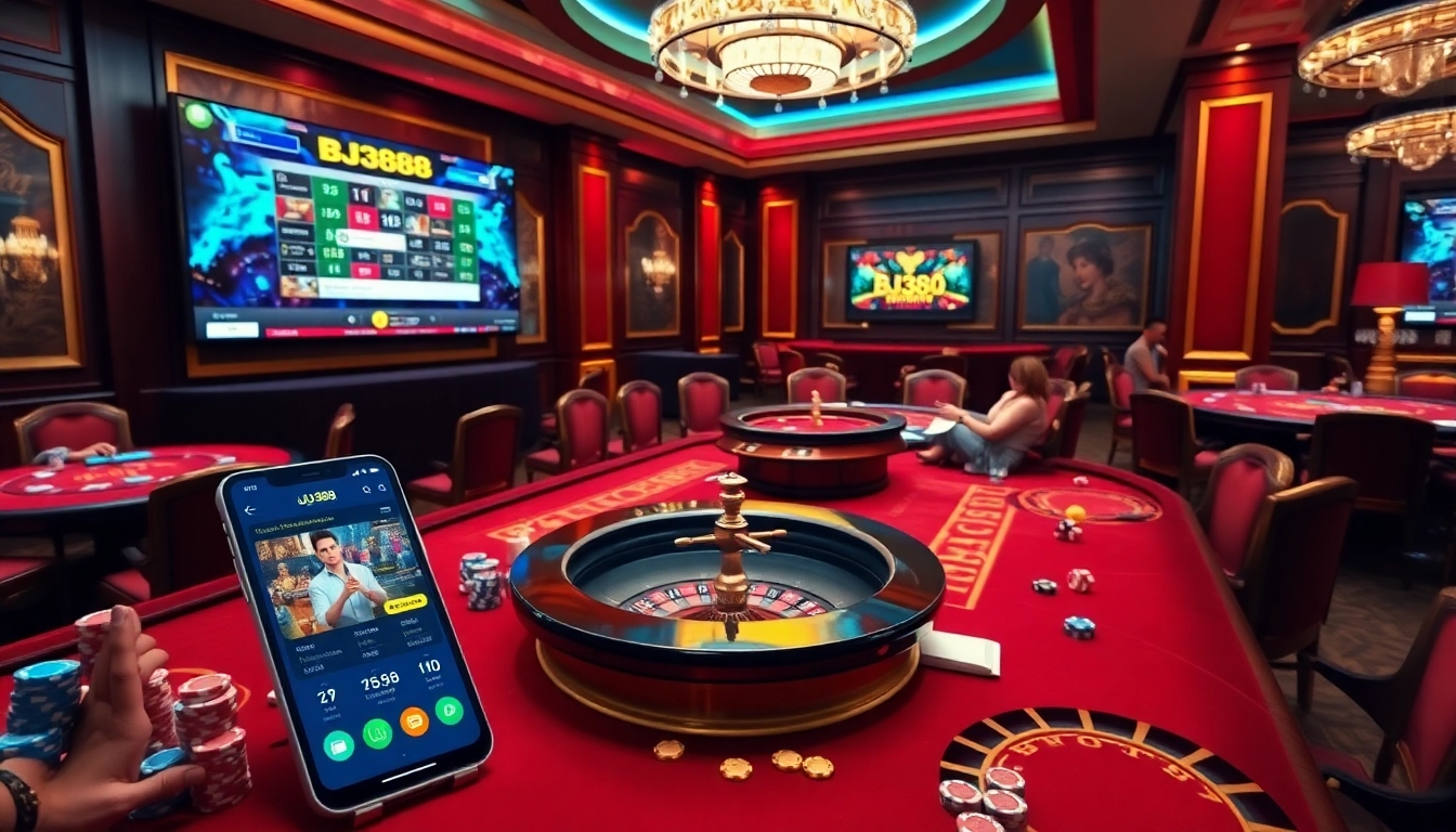 Players enjoying BJ388 online casino with vibrant poker tables and betting options.