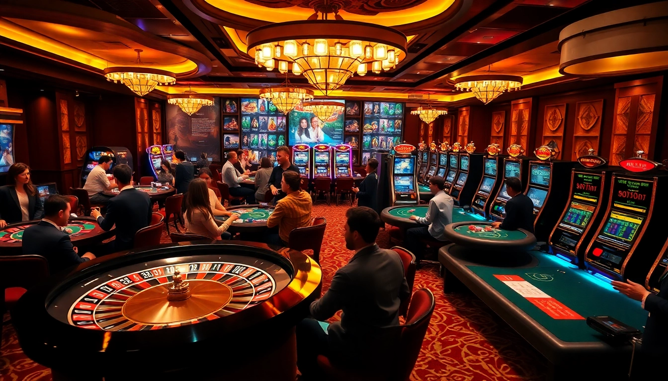 Engaging casino scene highlighting BDTK1 strategies at poker and roulette tables with excited players.