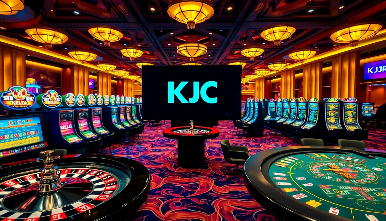KJC casino scene with players at roulette and poker tables, vibrant gaming atmosphere.