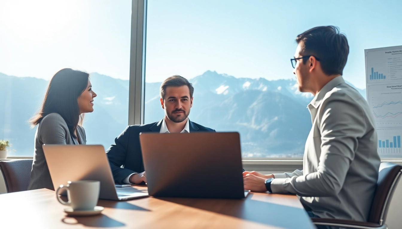 Headhunter Schweiz berät Klienten in moderne Büroumgebung mit Schweizer Alpenblick.