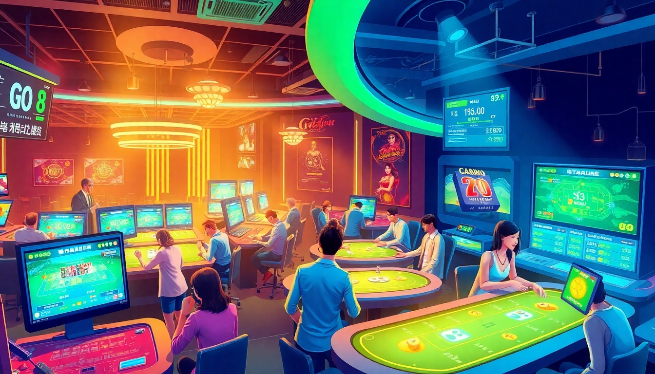 Exciting Go8 online casino scene with vibrant games, players, and luxury atmosphere.