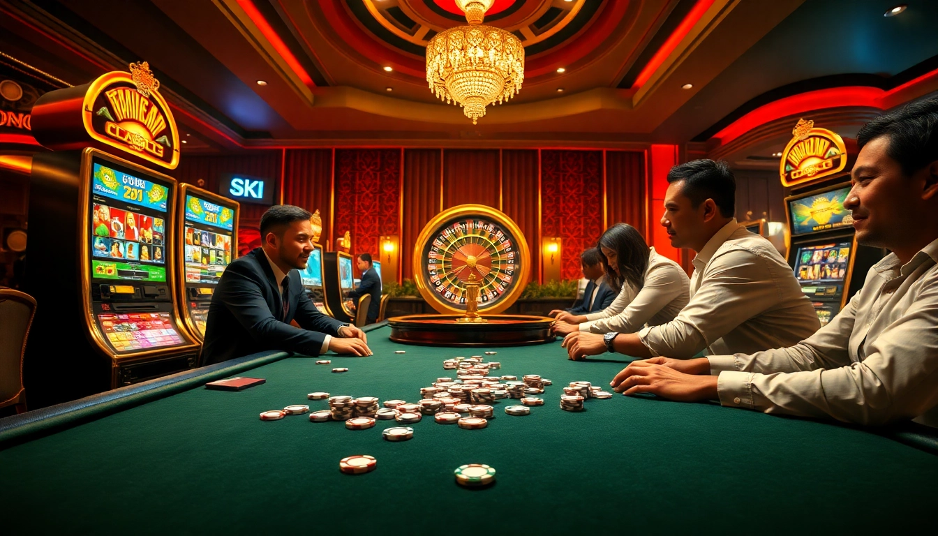 Engaging scene of players at https://kjcmh.com/ poker table with vibrant slot machines and roulette wheel.