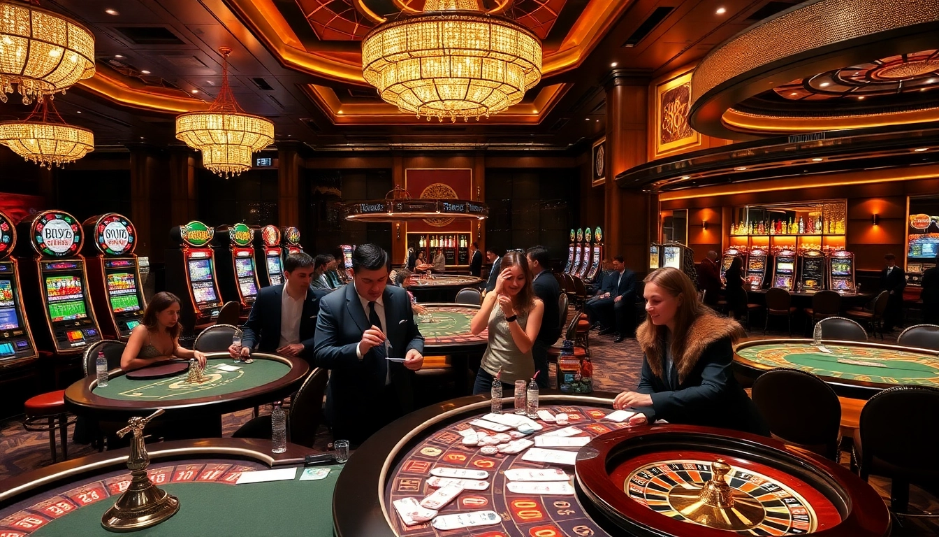 Players engaging in strategic bets at BJ38 with vibrant casino tables and bright slot machines.