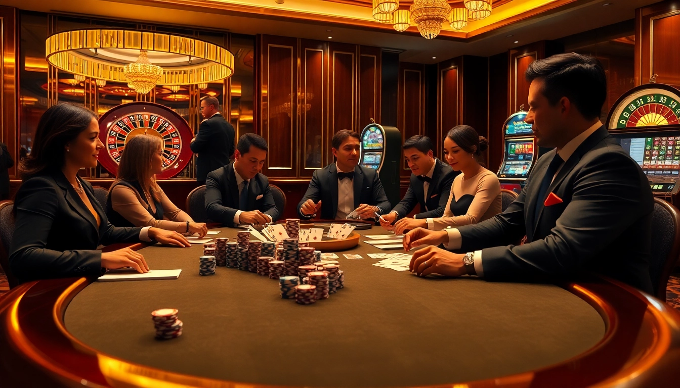 Engaging scene at a luxurious casino featuring NOHU90 branding as players enjoy poker and slots.