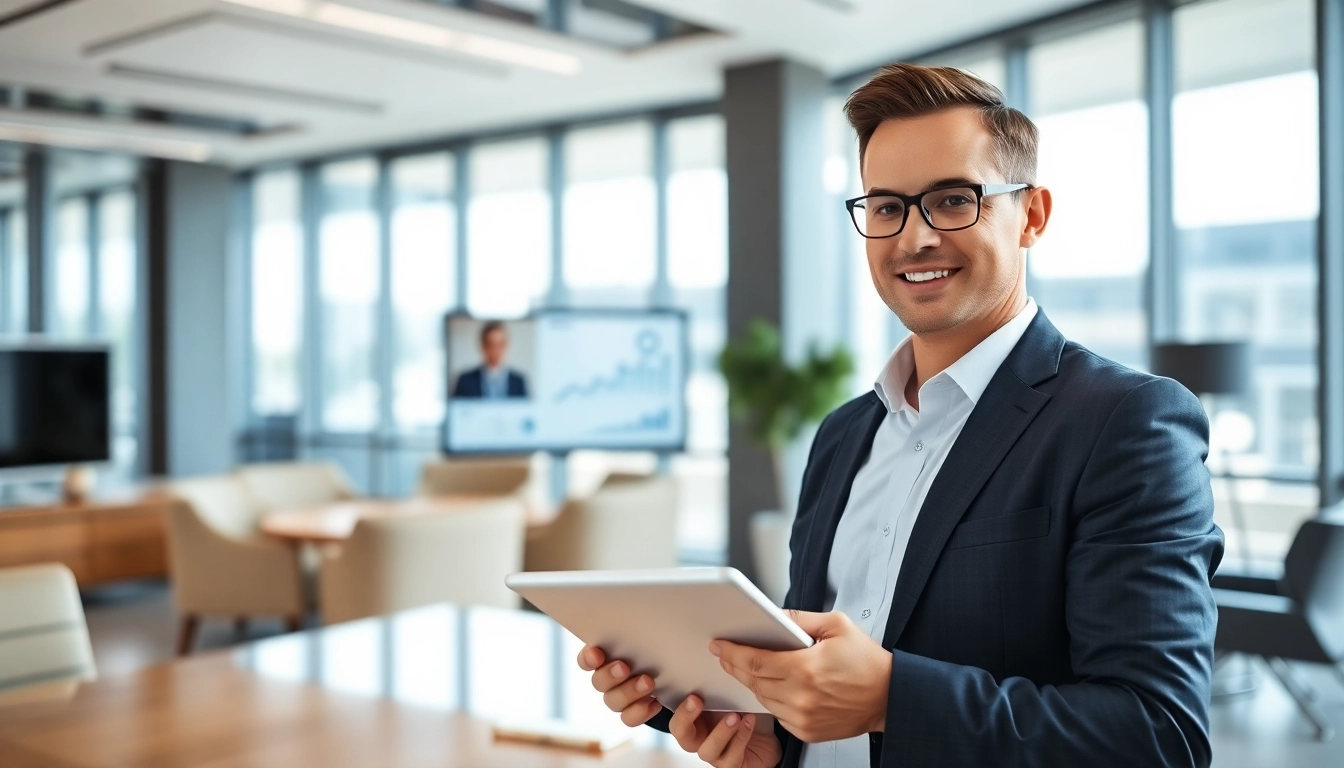 Headhunter Schweiz in an upscale office environment, engaging with clients professionally.